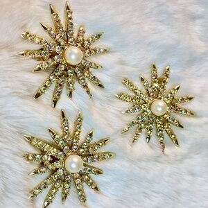 Hollywood Glam! Vintage Emmons Signed Starburst Brooch & Clip Earrings Set 1950s